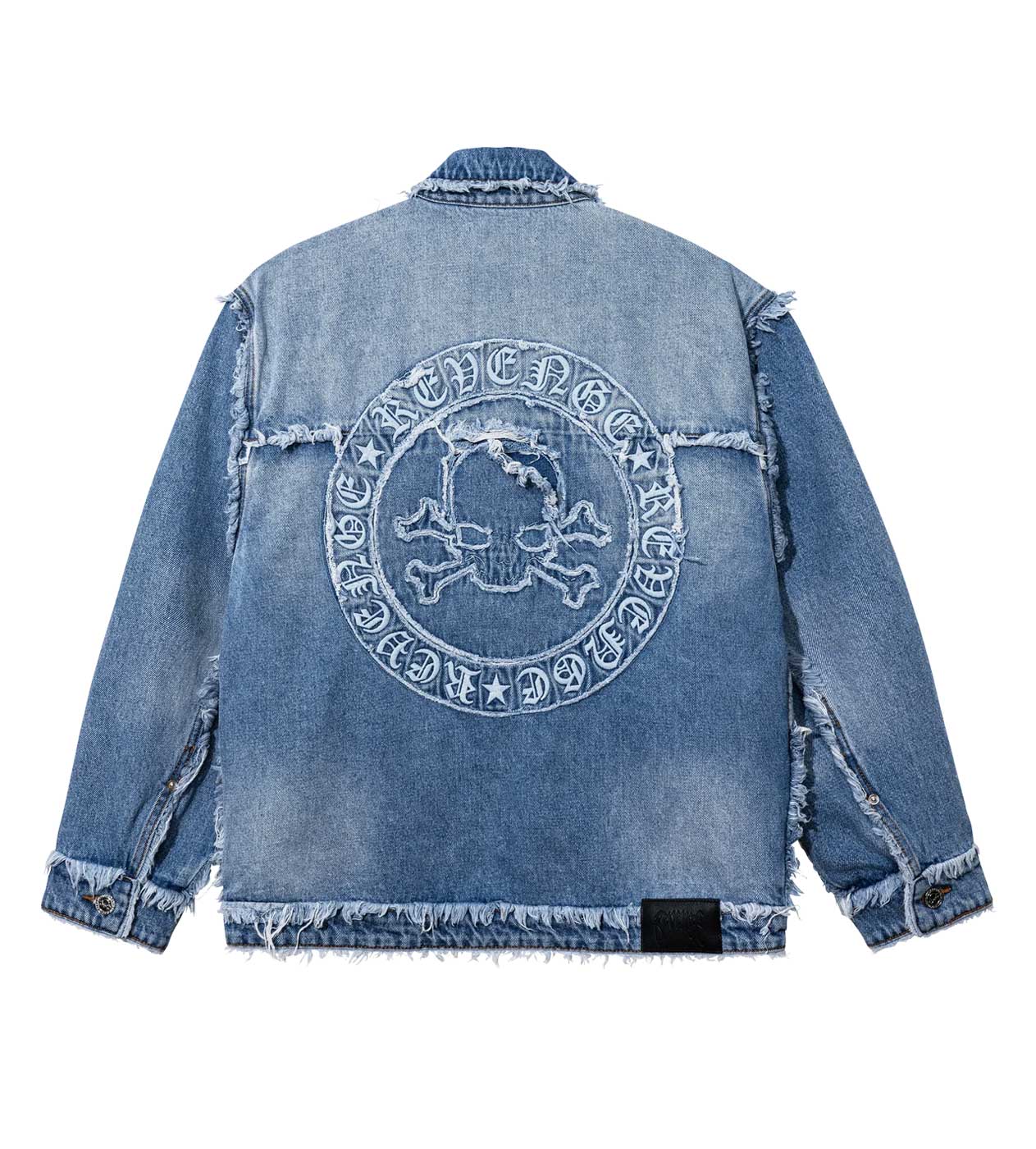 Revenge Frayed Skull Patched Denim Jacket Indigo