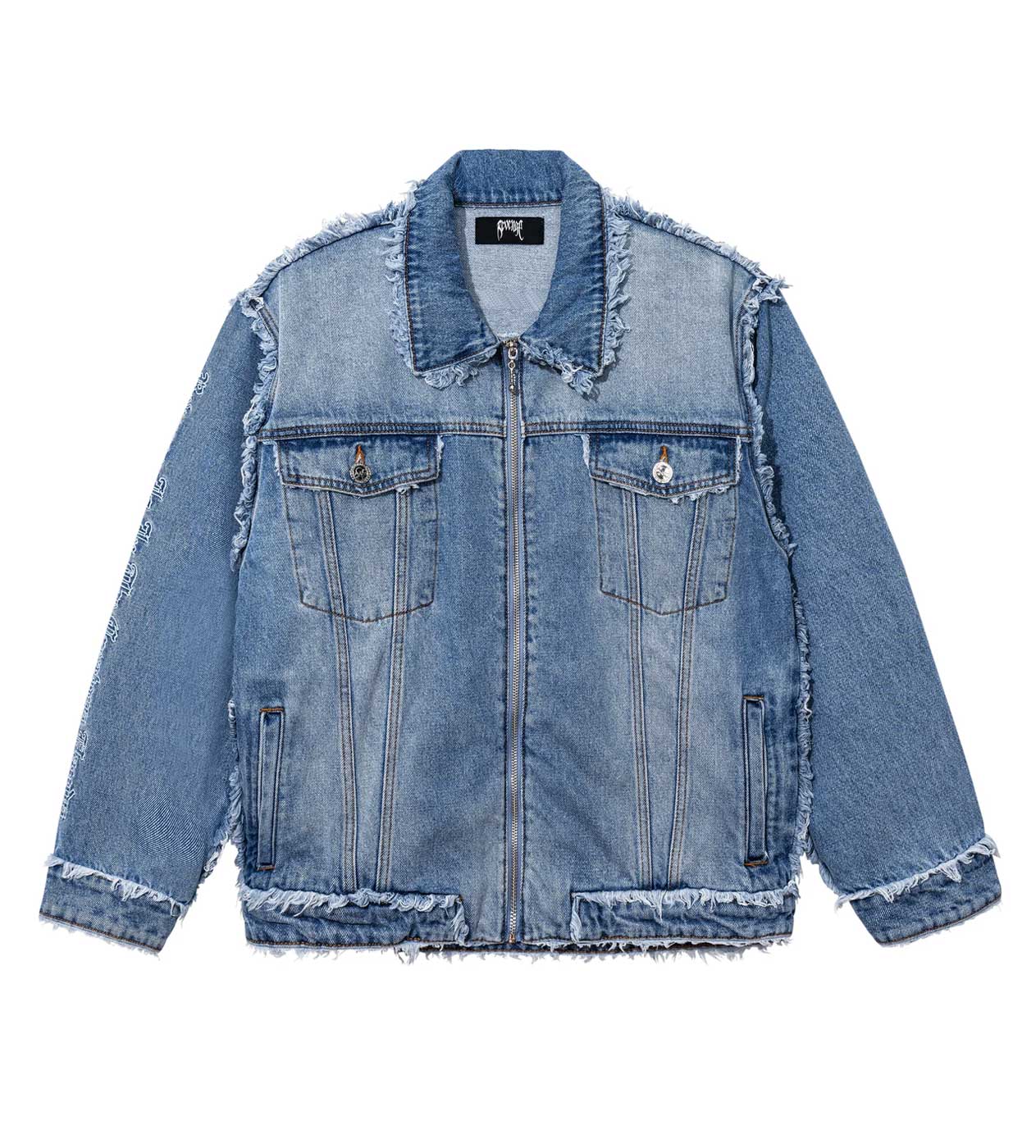 Revenge Frayed Skull Patched Denim Jacket Indigo