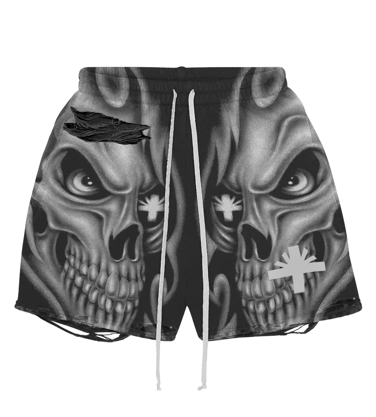 Vertabrae Skull Storm Distressed Shorts Black/Grey