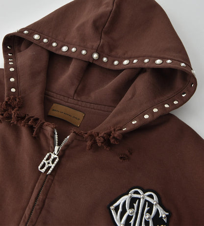 Birth of Royal Child Pearls Studded Boxy Zip Up Brown