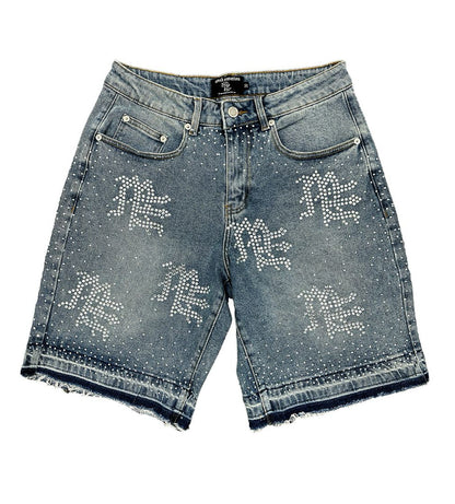 Mixed Emotions "ME" Rhinestone Denim Shorts Blue