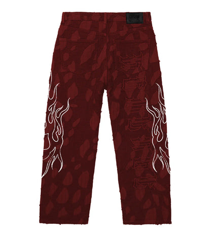 Revenge Flame Distressed Boro Denim Pant Red