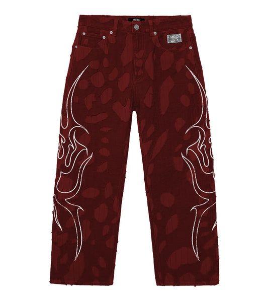 Revenge Flame Distressed Boro Denim Pant Red