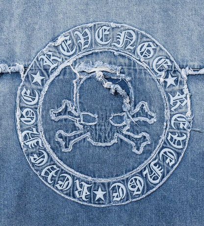 Revenge Frayed Skull Patched Denim Jacket Indigo