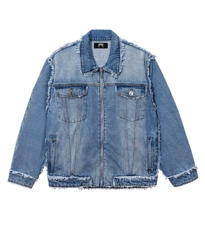 Revenge Frayed Skull Patched Denim Jacket Indigo