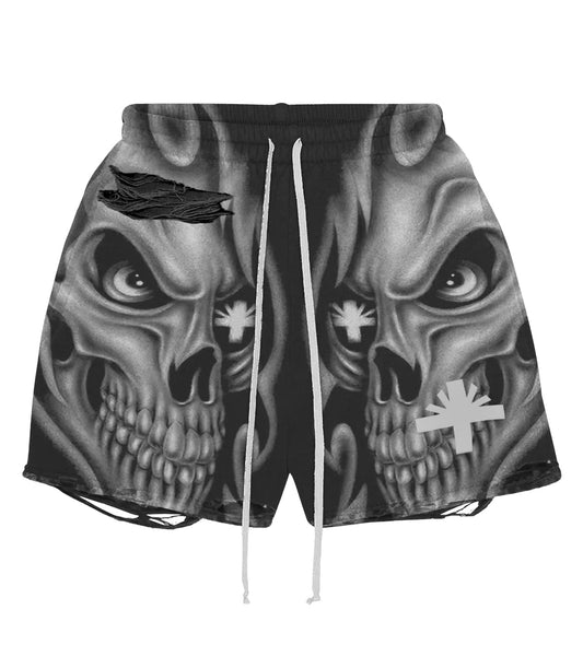 Vertabrae Skull Storm Distressed Shorts Black/Grey
